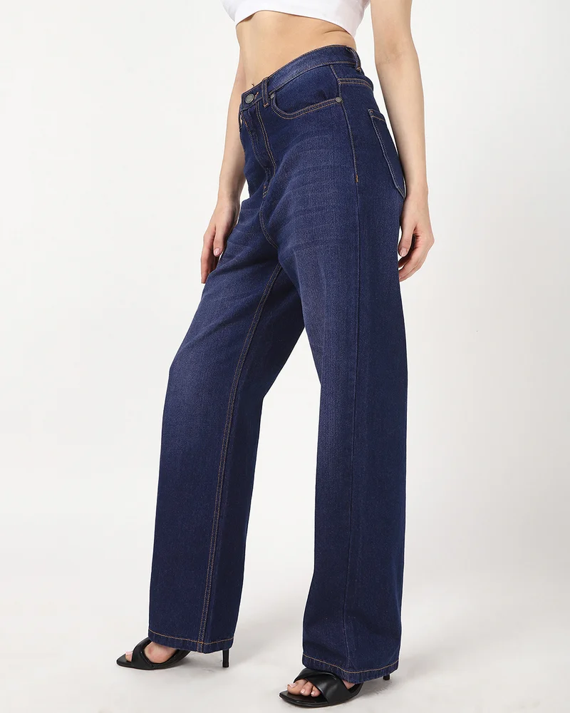 بيواكوف جينز نسائي واسع أزرق داكن مغسول بقصة مستقيمة